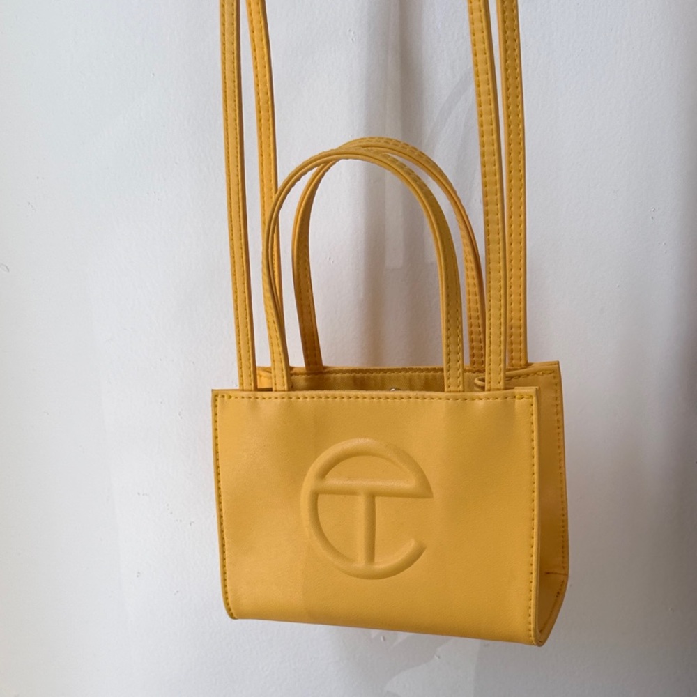 Telfar Small Shopping Bag Yellow Leather Mini Crossbody Tote - Embossed Logo